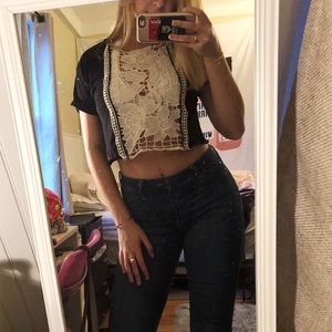 Black and white lacy crop top